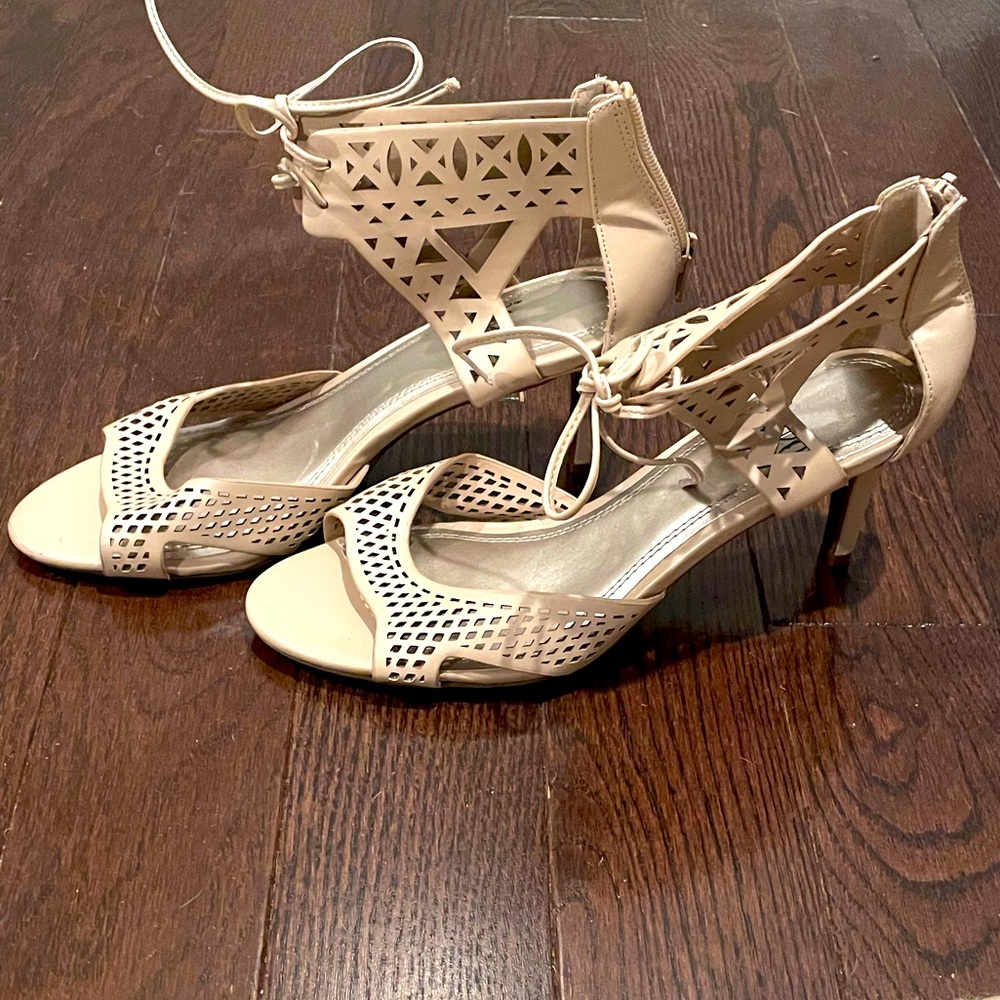 Impo Viddette lace up open toe nude heels